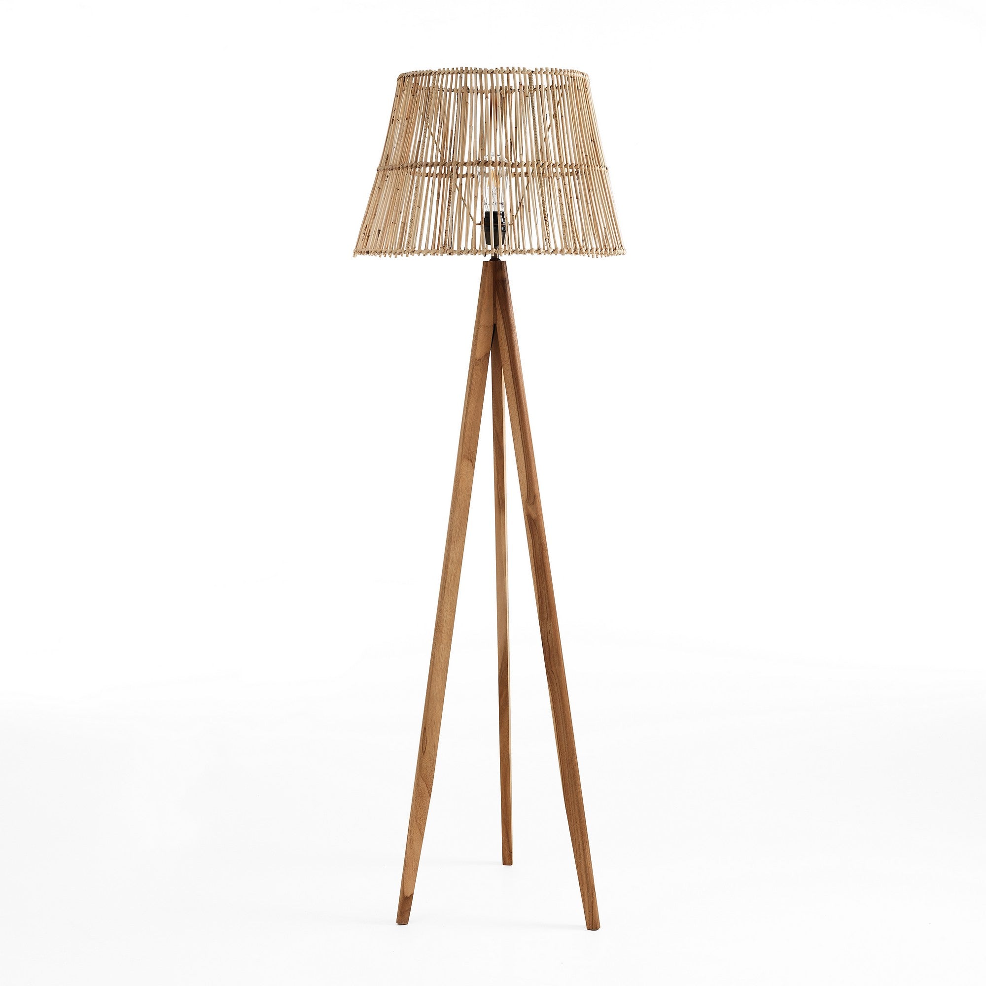 Lampada da terra in rattan beige struttura in teak