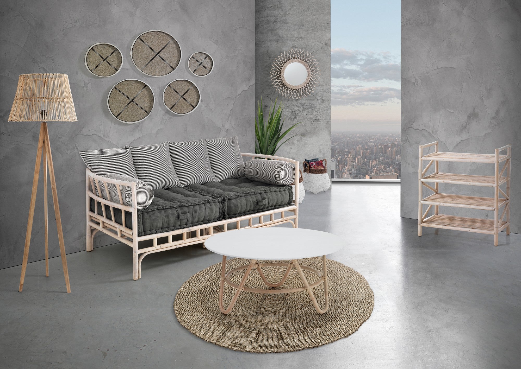 Scaffale a 4 ripiani in rattan sbiancato cm L.65xP.23xH.75