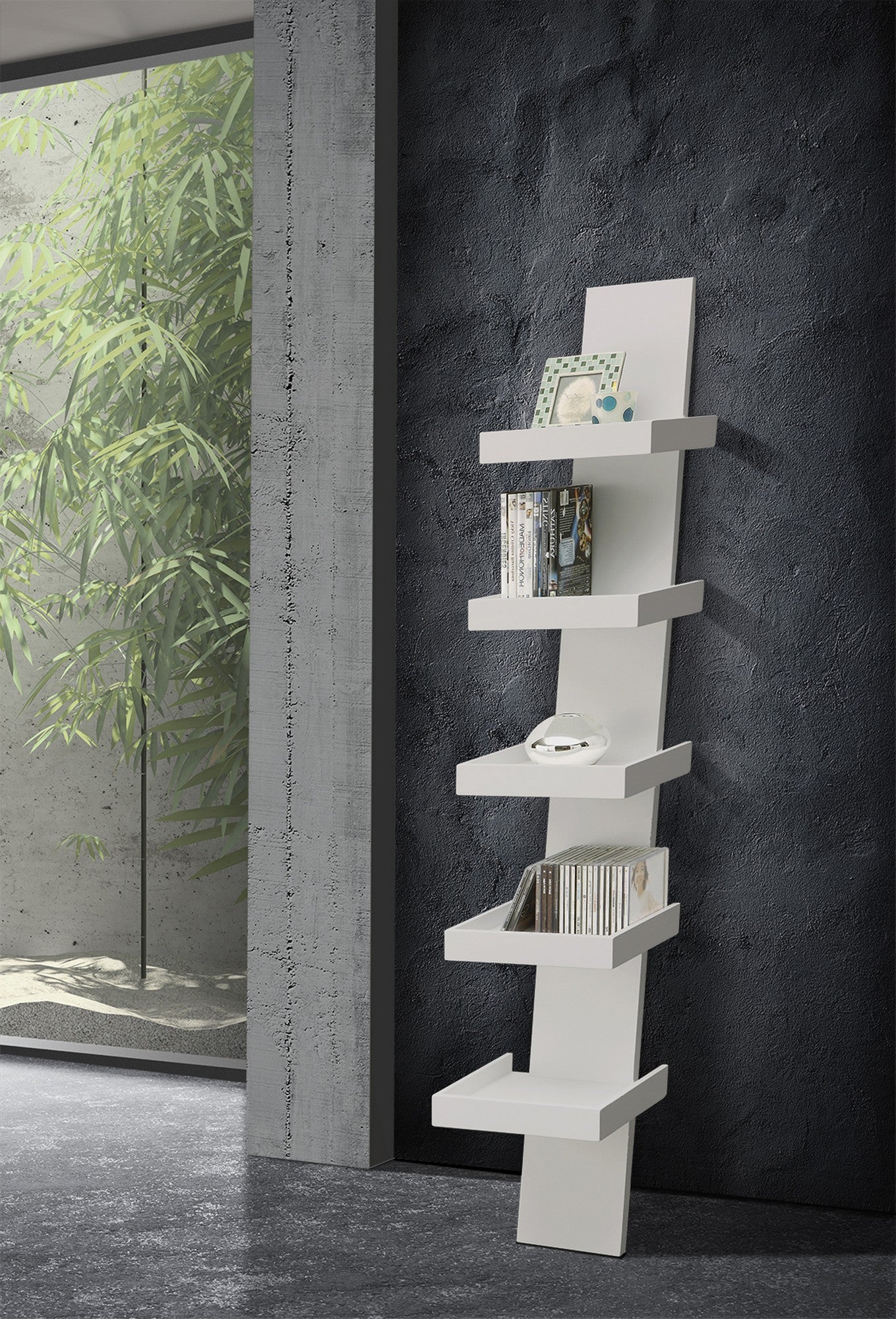 Libreria 5 ripiani effetto legno laccata bianca  cm. H.155xL.31xP.35