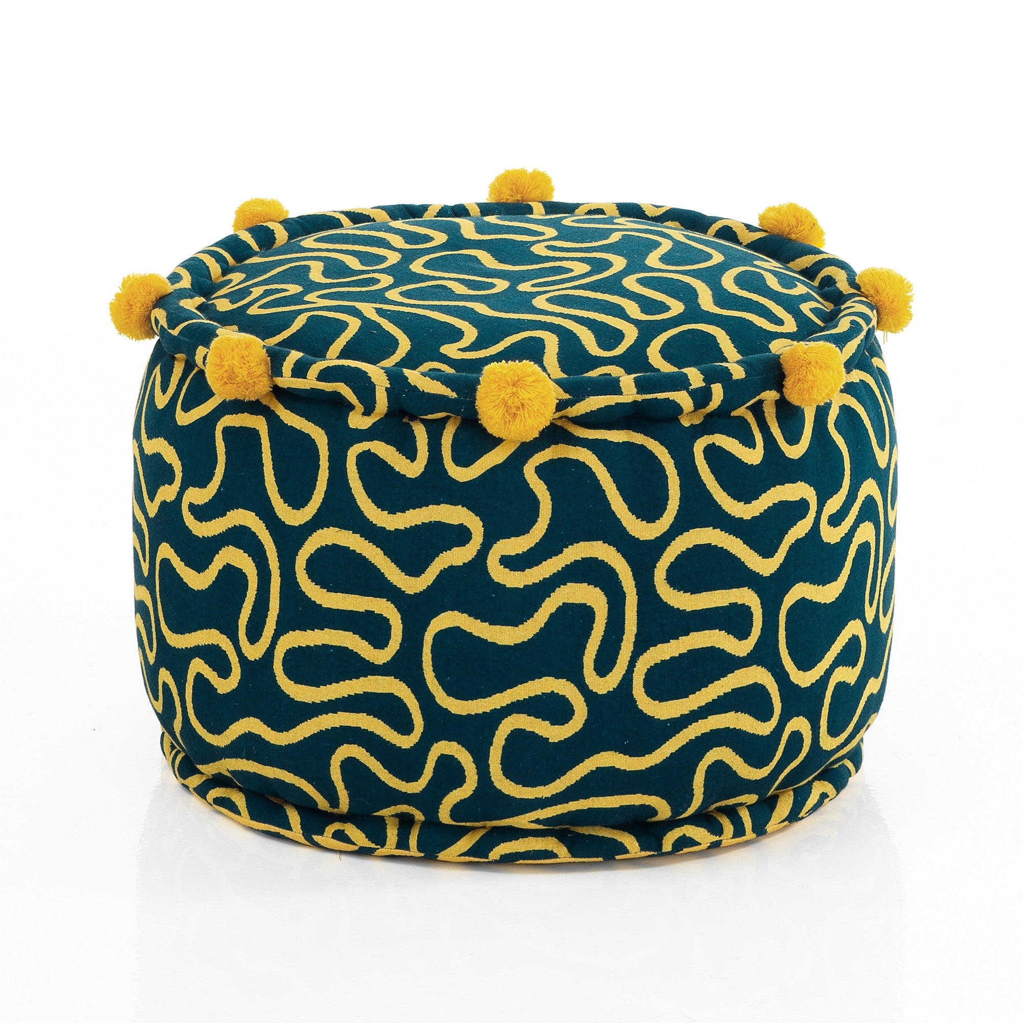 Pouf rotondo LUXE in velluto trapuntato con base in metallo oro