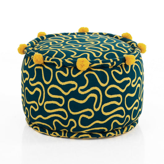 Pouf rotondo LUXE in velluto trapuntato con base in metallo oro