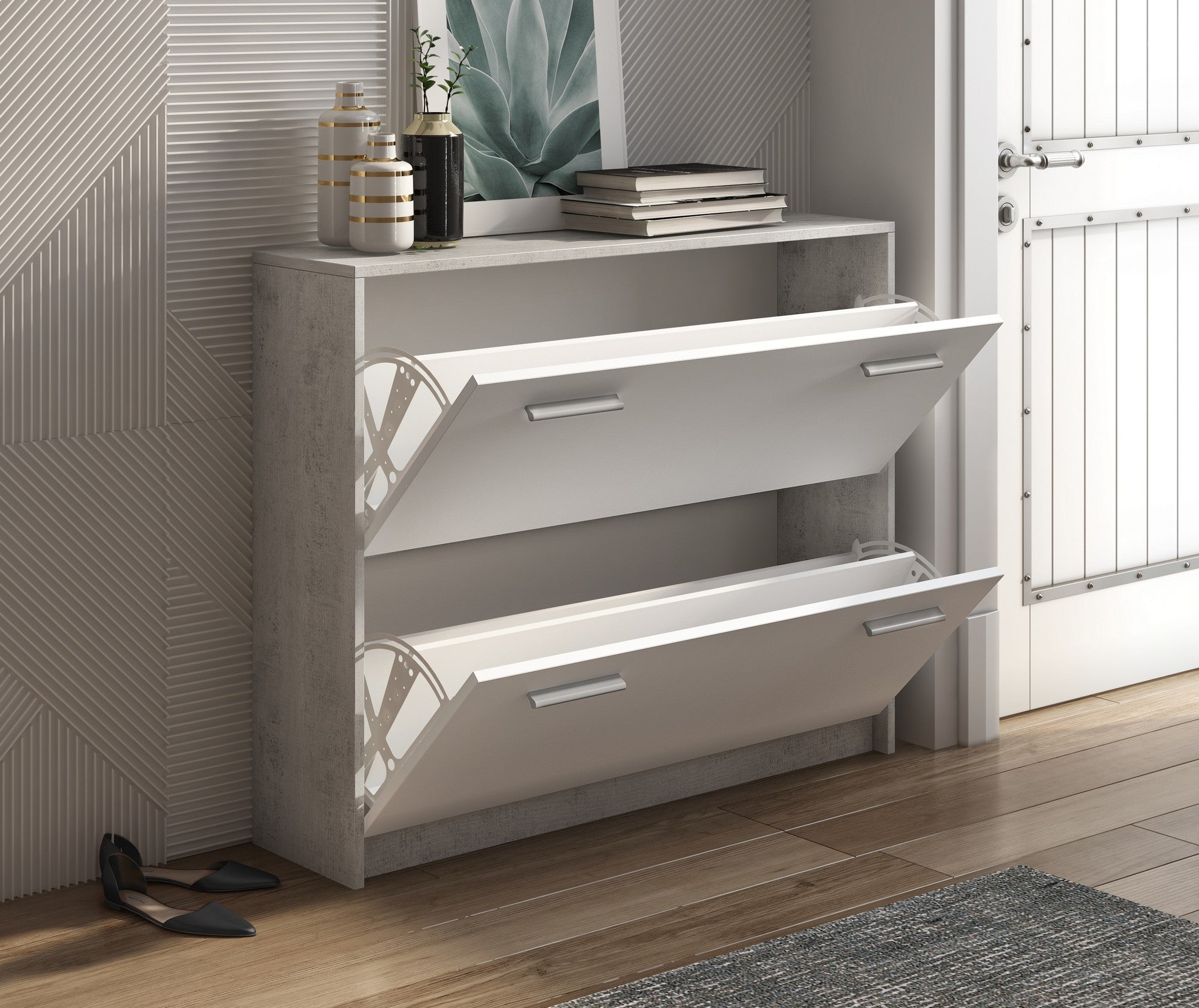 Scarpiera effetto legno finitura cemento H.81 x L.100 x P.25 cm