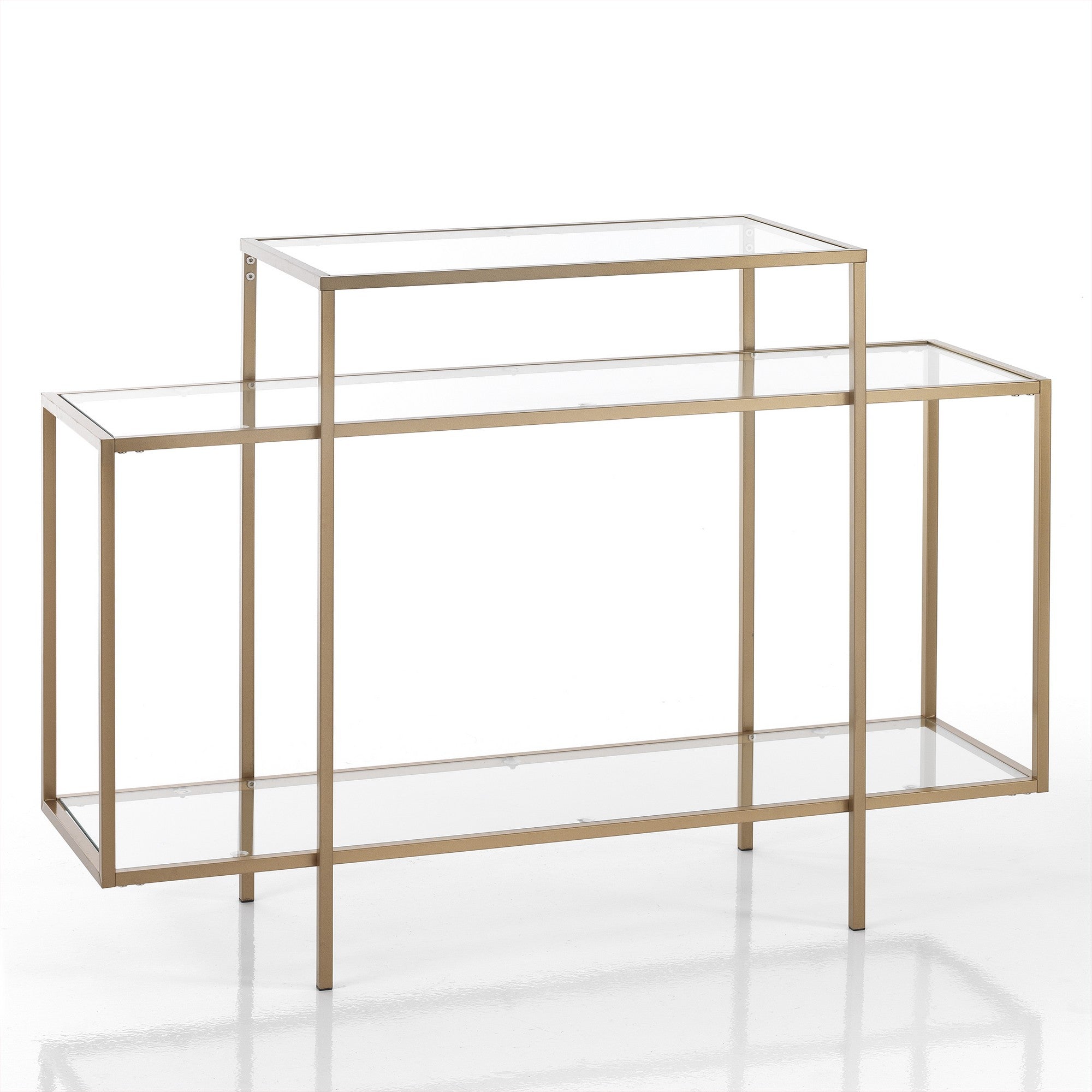 Consolle in acciaio finitura oro ripiani in vetro cm. H.84xL.118xP.38