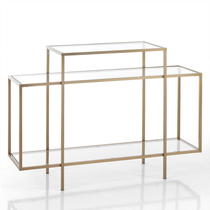 Consolle in acciaio finitura oro ripiani in vetro cm. H.84xL.118xP.38