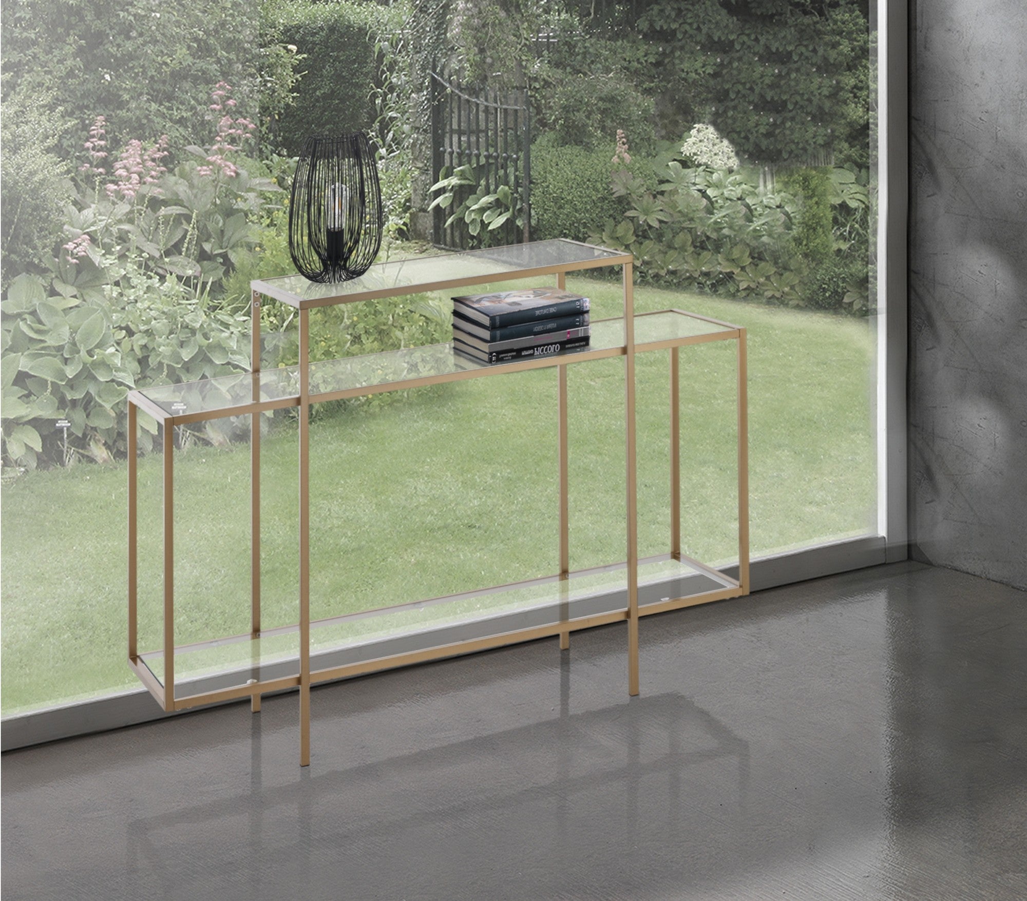 Consolle in acciaio finitura oro ripiani in vetro cm. H.84xL.118xP.38