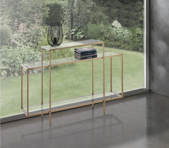 Consolle in acciaio finitura oro ripiani in vetro cm. H.84xL.118xP.38