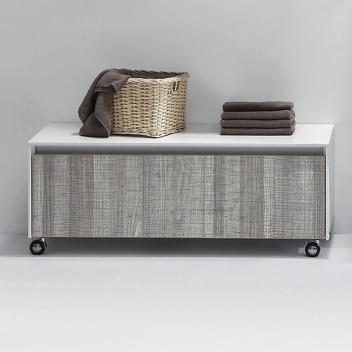 Base con ruote in legno nobilitato bianco e maniglia metallica