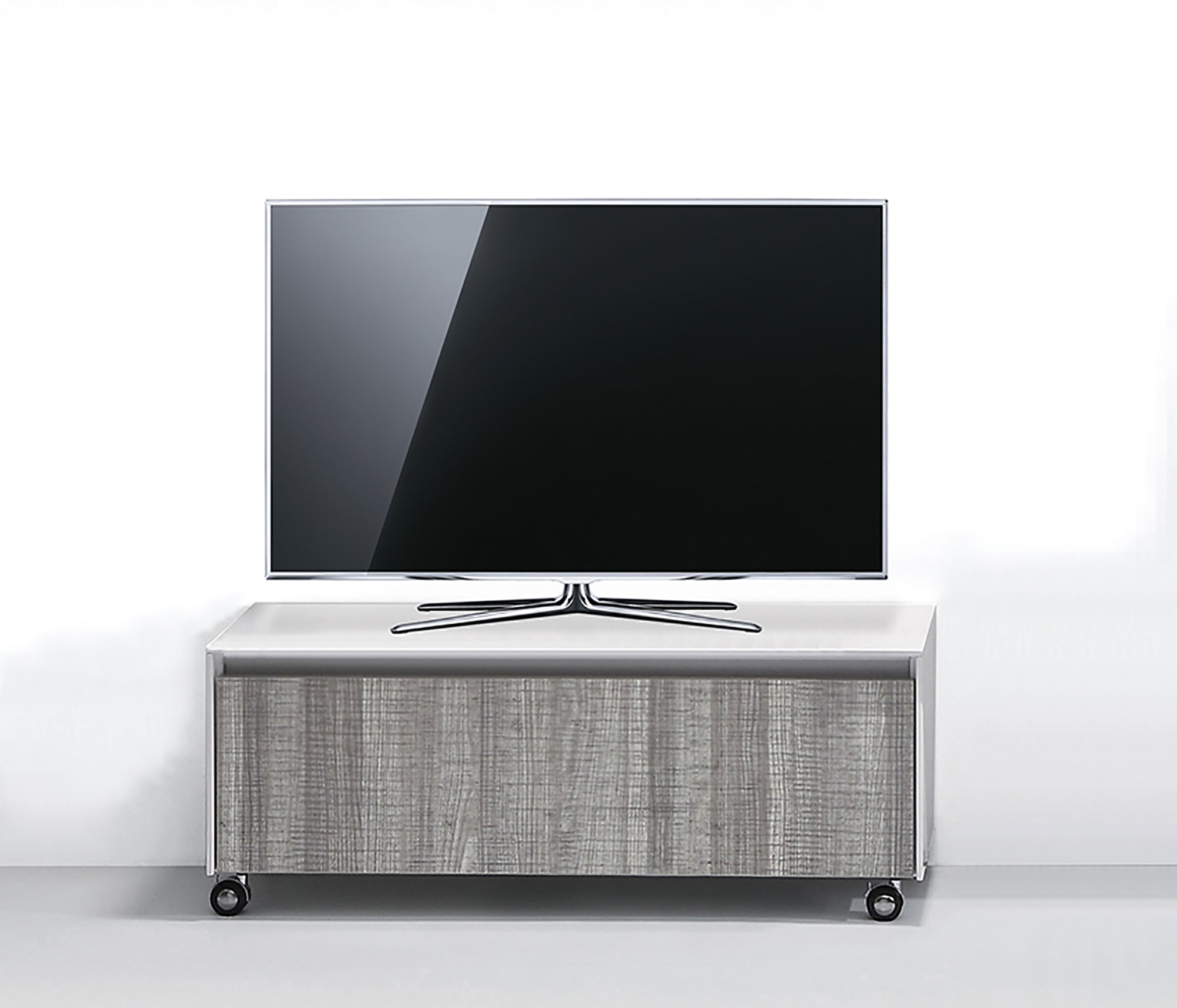 Base con ruote in legno nobilitato bianco e maniglia metallica