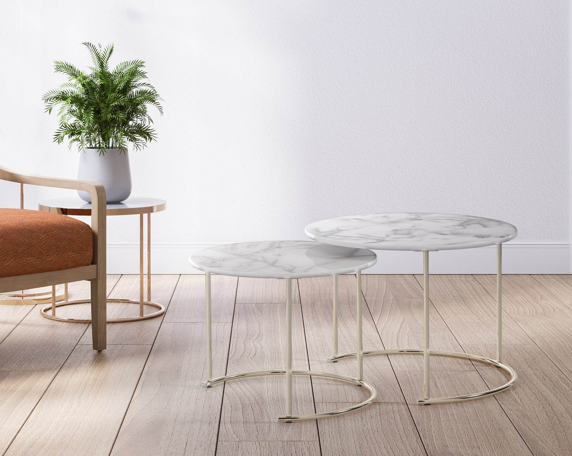 Set 2 tavolini OMAHA-R in vetro bianco marmorizzato e metallo