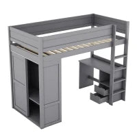 Letto a soppalco per bambini 6+ anni, 90x200 cm, con armadio, scrivania e cassetti, senza materasso, Grigio