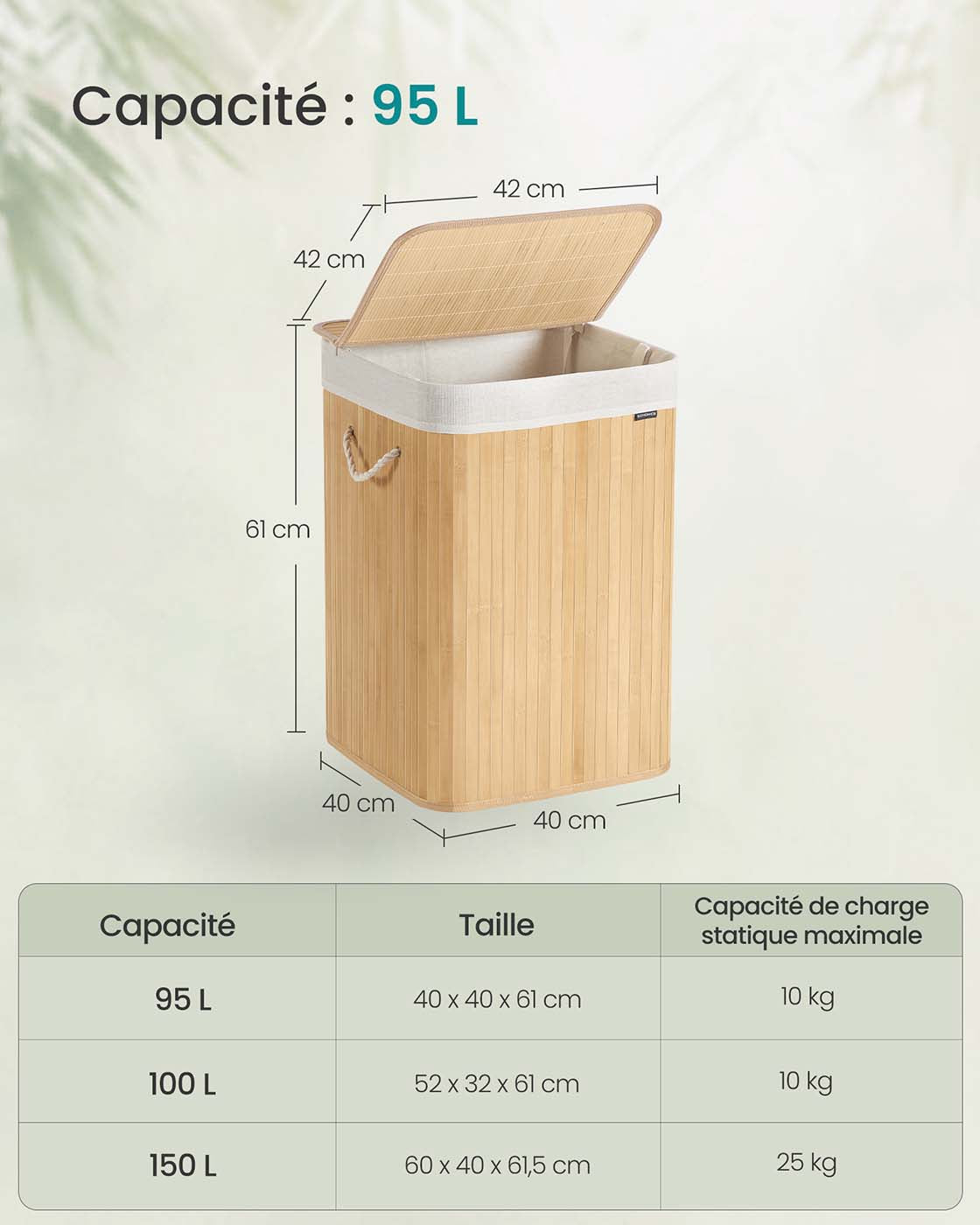 Cesto portabiancheria da 95 litri con coperchio in bambù manici pieghevoli sacco rimovibile lavabile in lavatrice per lavanderia camera da letto beige 12_0006661