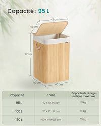 Cesto portabiancheria da 95 litri con coperchio in bambù manici pieghevoli sacco rimovibile lavabile in lavatrice per lavanderia camera da letto beige 12_0006661