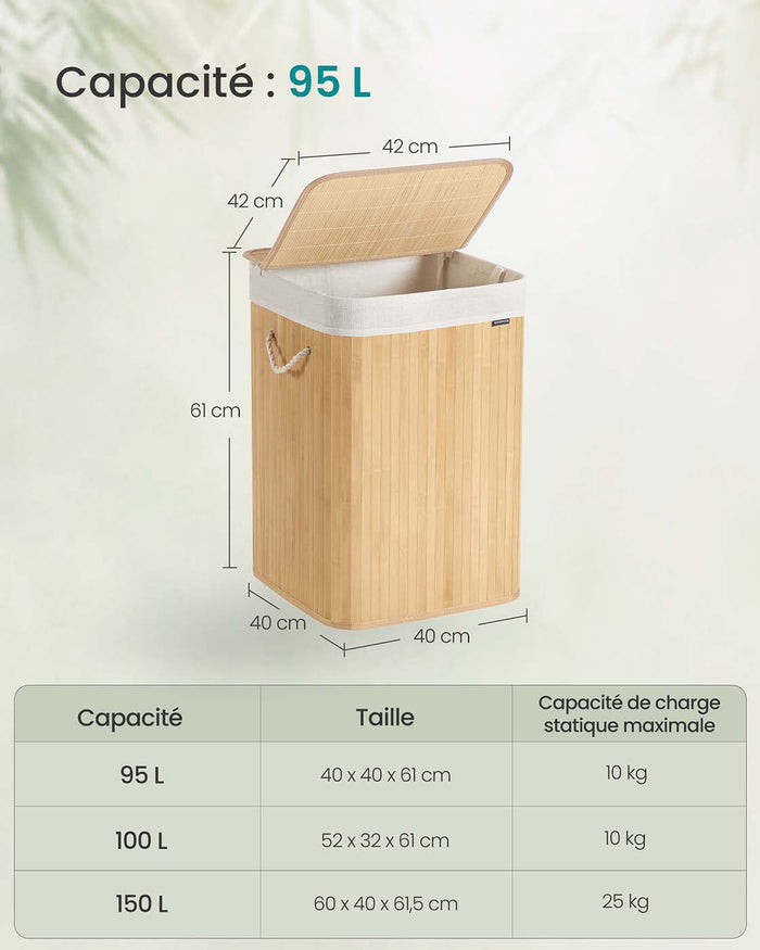 Cesto portabiancheria da 95 litri con coperchio in bambù manici pieghevoli sacco rimovibile lavabile in lavatrice per lavanderia camera da letto beige 12_0006661