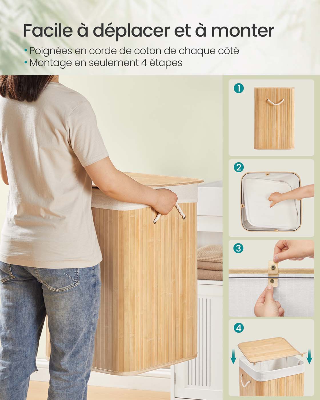 Cesto portabiancheria da 95 litri con coperchio in bambù manici pieghevoli sacco rimovibile lavabile in lavatrice per lavanderia camera da letto beige 12_0006661