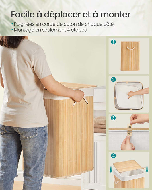 Cesto portabiancheria da 95 litri con coperchio in bambù manici pieghevoli sacco rimovibile lavabile in lavatrice per lavanderia camera da letto beige 12_0006661