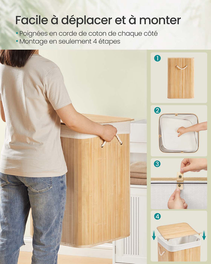 Cesto portabiancheria da 95 litri con coperchio in bambù manici pieghevoli sacco rimovibile lavabile in lavatrice per lavanderia camera da letto beige 12_0006661