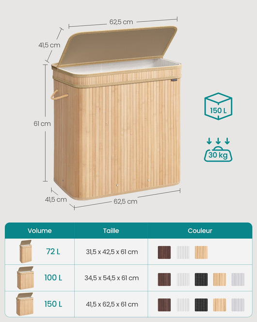 Cesto per la biancheria sporca con coperchio 415 x 625 x 61 cm cesto per la biancheria sporca in bambù sfoderabile e lavabile in lavatrice manici interni volume 100 litri lavanderia camera da letto soggiorno beige 12_0006750
