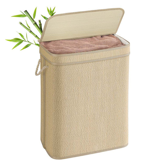 Cesto portabiancheria in bambù per biancheria sporca da 90 litri coperchio rimovibile e lavabile in lavatrice manici lavanderia camera da letto soggiorno beige 12_0006715