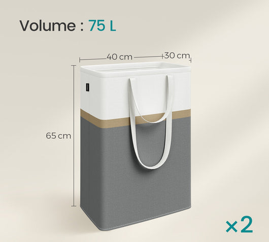 Set di 2 cesti per la biancheria cesti per la biancheria pieghevoli sacchi per la biancheria da 75 litri con manici corti e lunghi facili da trasportare e pulire autoportanti grigio 12_0006240