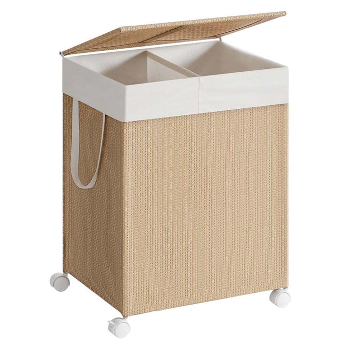 Cesto portabiancheria 2 scomparti 100 litri cesto portabiancheria su ruote coperchio sacco con manici imitazione vimini per lavanderia bagno beige 12_0006080