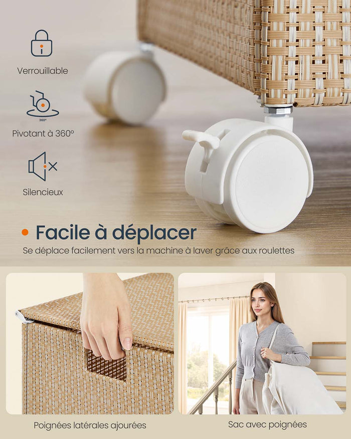 Cesto portabiancheria 2 scomparti 100 litri cesto portabiancheria su ruote coperchio sacco con manici imitazione vimini per lavanderia bagno beige 12_0006080