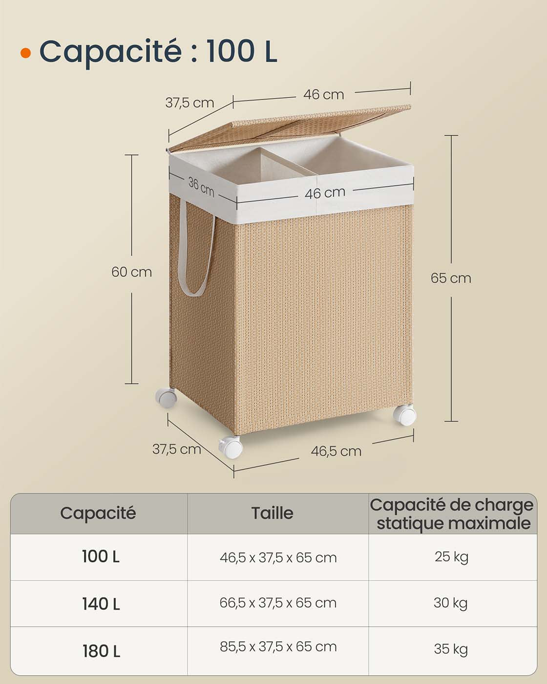 Cesto portabiancheria 2 scomparti 100 litri cesto portabiancheria su ruote coperchio sacco con manici imitazione vimini per lavanderia bagno beige 12_0006080