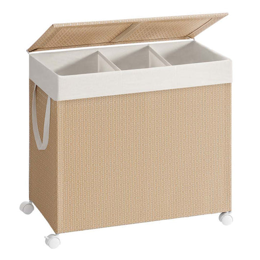 Cesto portabiancheria 2 scomparti 140 litri cesto portabiancheria su ruote coperchio sacco con manici imitazione vimini per lavanderia bagno beige 12_0006081