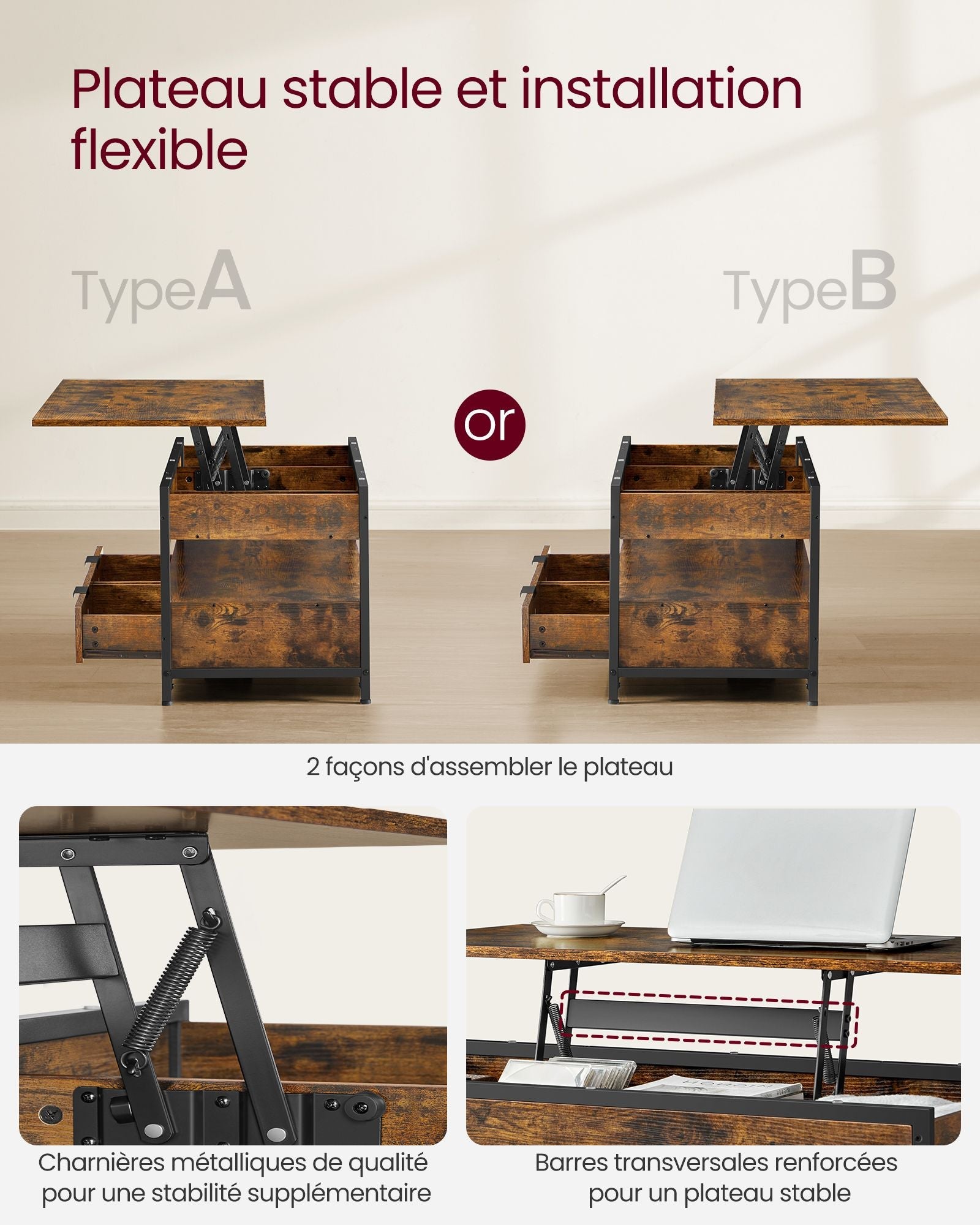 Tavolino da salotto 50 x 120 con piano sollevabile cassetti portaoggetti scomparto nascosto marrone 12_0007478