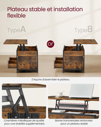 Tavolino da salotto 50 x 120 con piano sollevabile cassetti portaoggetti scomparto nascosto marrone 12_0007478