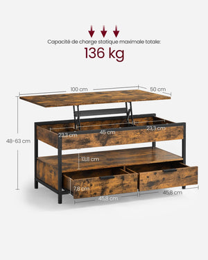 Tavolino da salotto 50 x 120 con piano sollevabile cassetti portaoggetti scomparto nascosto marrone 12_0007478