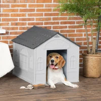Casetta per Cani in PP Impermeabile con Tetto Inclinato e Porta di Ingresso, 65x75.7x63 cm, Grigio
