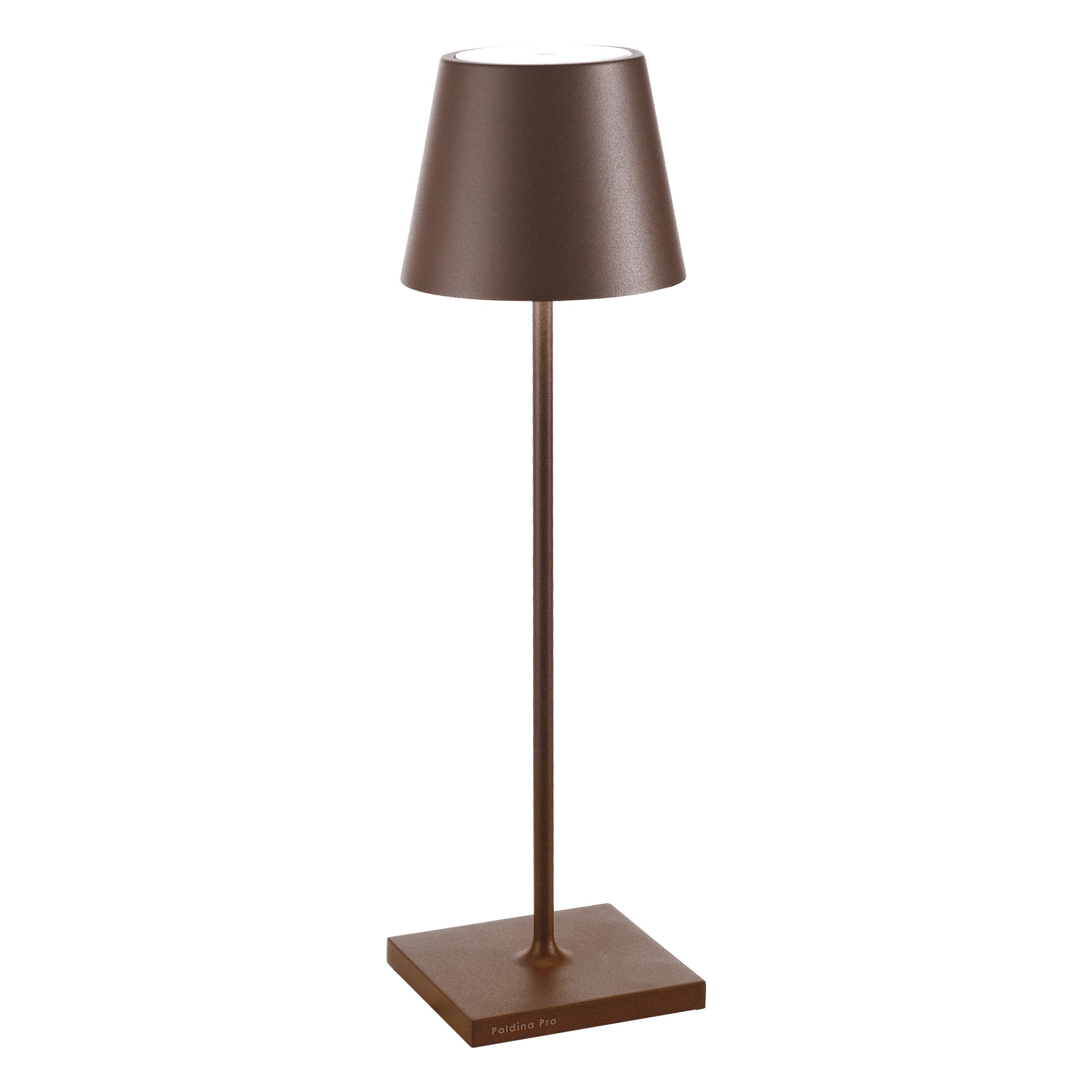 Lampada a led da tavolo Poldina Pro Corten ricaricabile e dimmerabile con batteria fino a 12 ore. Da uso esterno IP65