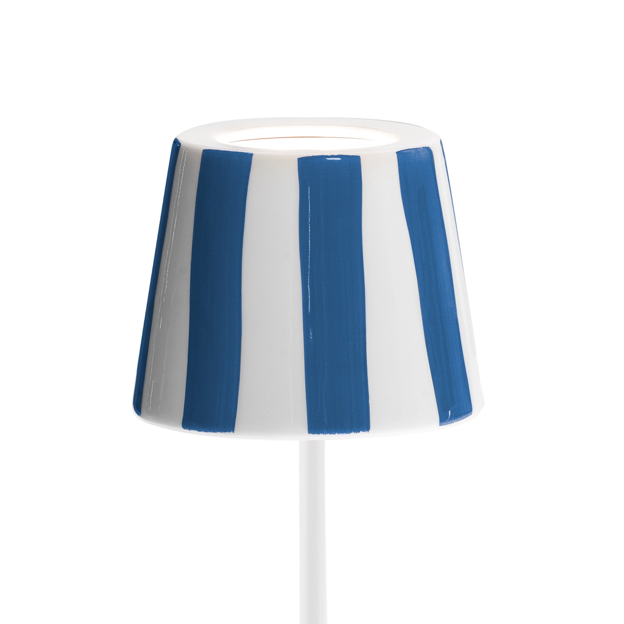 Lampada a led da tavolo Poldina Lido a righe blu ricaricabile e dimmerabile con batteria fino a 12 ore. Per uso esterno IP65