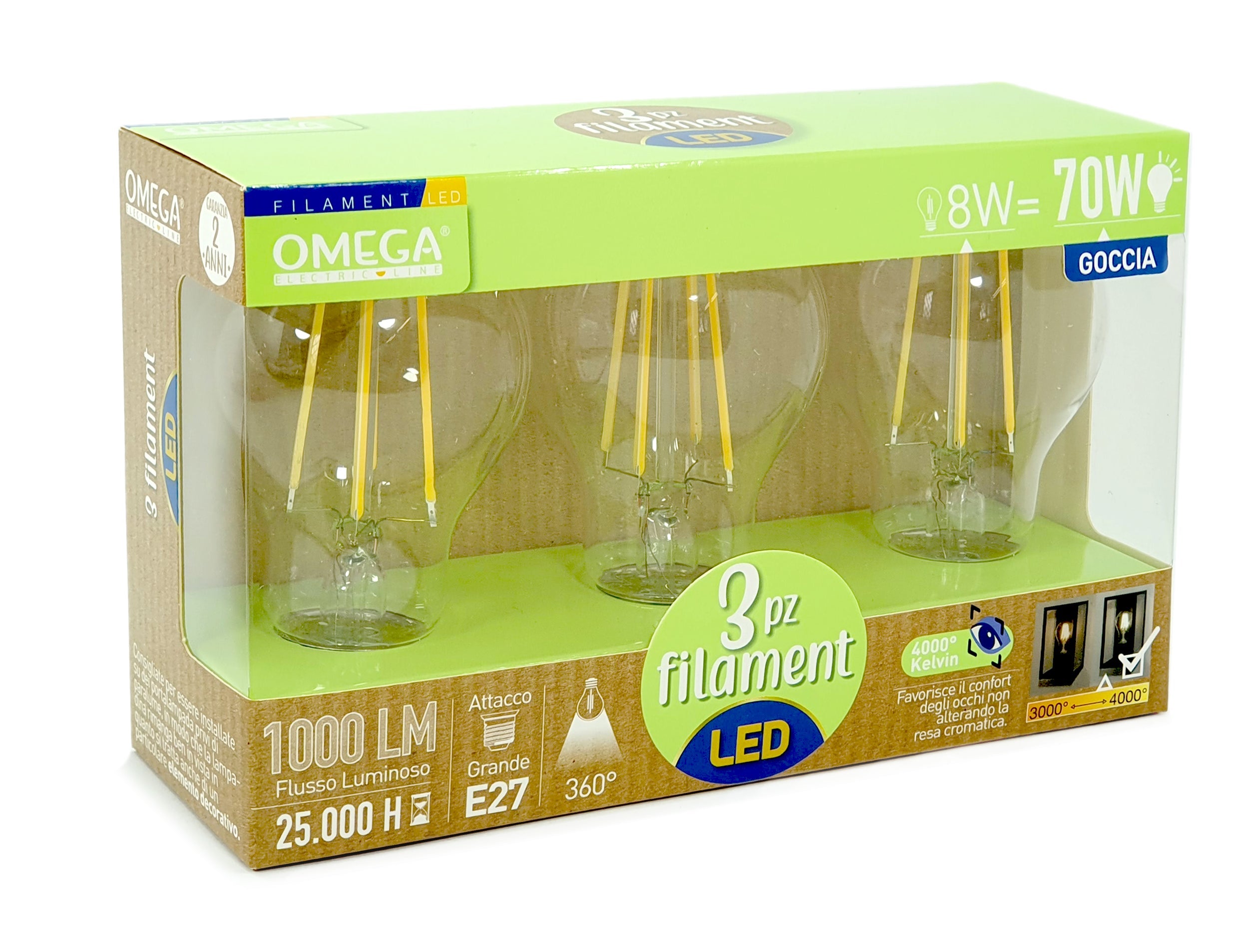 SET 3 PEZZI LAMPADINE FILAMENT GOCCIA A60 LUCE NATURALE: 8W – 4000K – E27 – A+