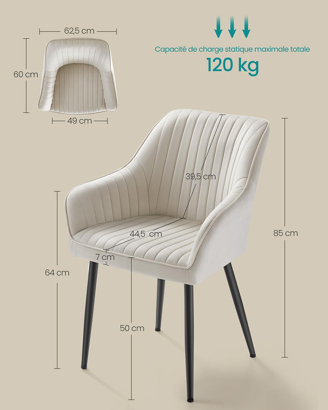 Sedia da pranzo poltrona seduta imbottita con braccioli larghezza seduta 49 cm gambe in metallo rivestimento in velluto portata 110 kg per soggiorno camera da letto beige 12_0004914