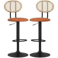 Set di 2 Sgabelli da Bar Regolabili in Altezza con Schienale in Rattan e Poggiapiedi, Marrone