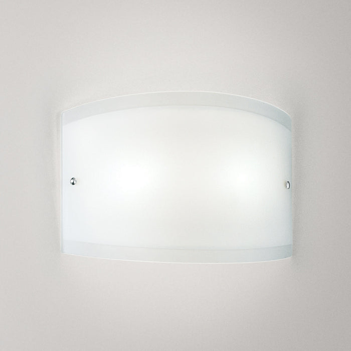 Applique Lecce in vetro satinato bianco 35x12cm, 1 luce E27 max 42W, IP20, Lampada da muro e montatura metallo con dettagli cromo, lampadina esclusa