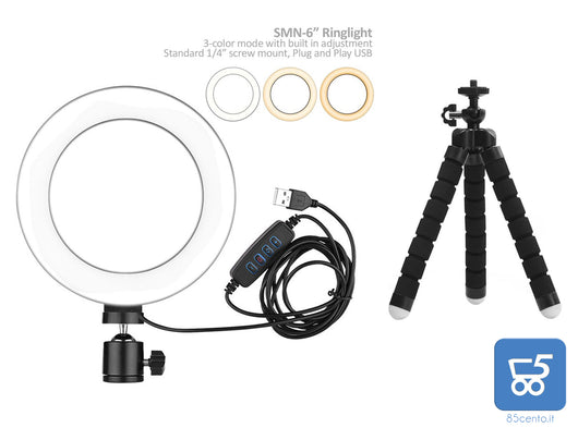 LED Ring light 15 cm diametro SMN-6 3 Colori Dimmerabile con Mini Tripod Flessibile