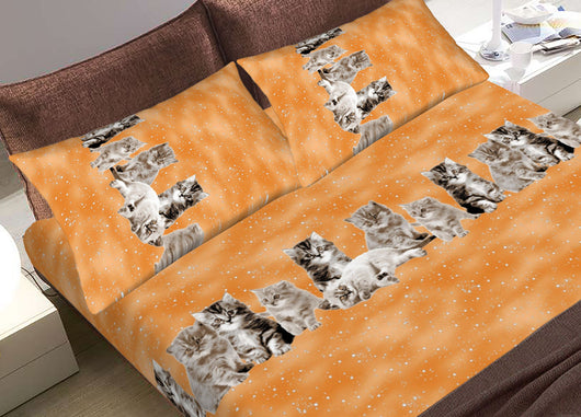 Completo Lenzuola Letto In 100% Cotone Made In Italy Vari Disegni C.N - Piazza E Mezza - Gattini Arancio
