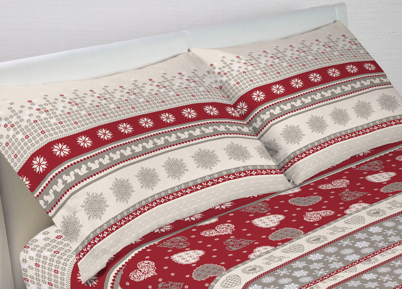 Completo Lenzuola Letto In 100% Cotone Stile Tirolese Disegno Corvara - 1 Piazza e Mezza - Corvara