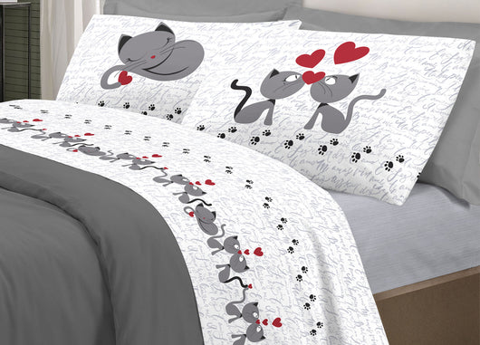 Completo Lenzuola Linea Pensieri Delicati 100% Cotone Disegno Gattini - Matrimoniale - Grigio