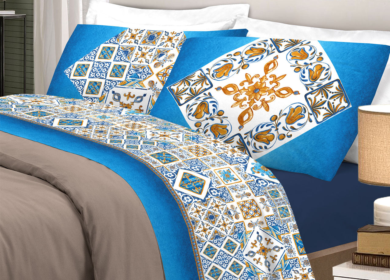 Completo Lenzuola In 100% Cotone Disegno Maiolica - Matrimoniale - Blu