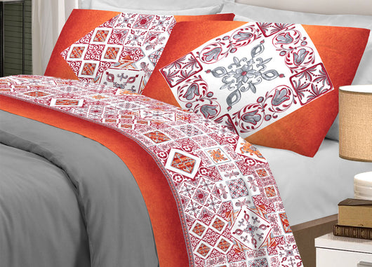 Completo Lenzuola In 100% Cotone Disegno Maiolica - Singolo - Rosso