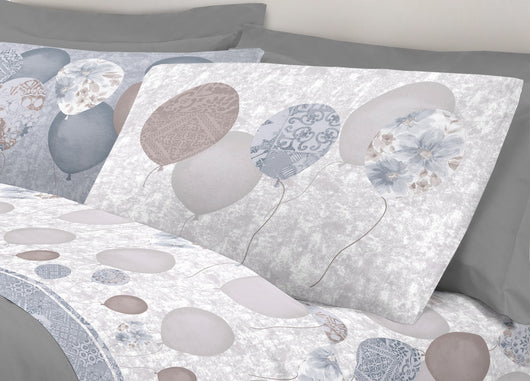 Completo Lenzuola Letto Pensieri Delicati 100% Cotone Dis. Palloncini - Singolo - Grigio