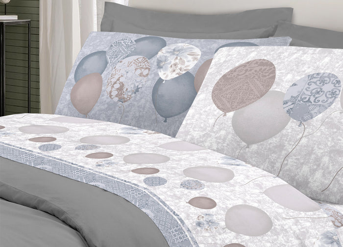Completo Lenzuola Letto Pensieri Delicati 100% Cotone Dis. Palloncini - Piazza E Mezza - Grigio