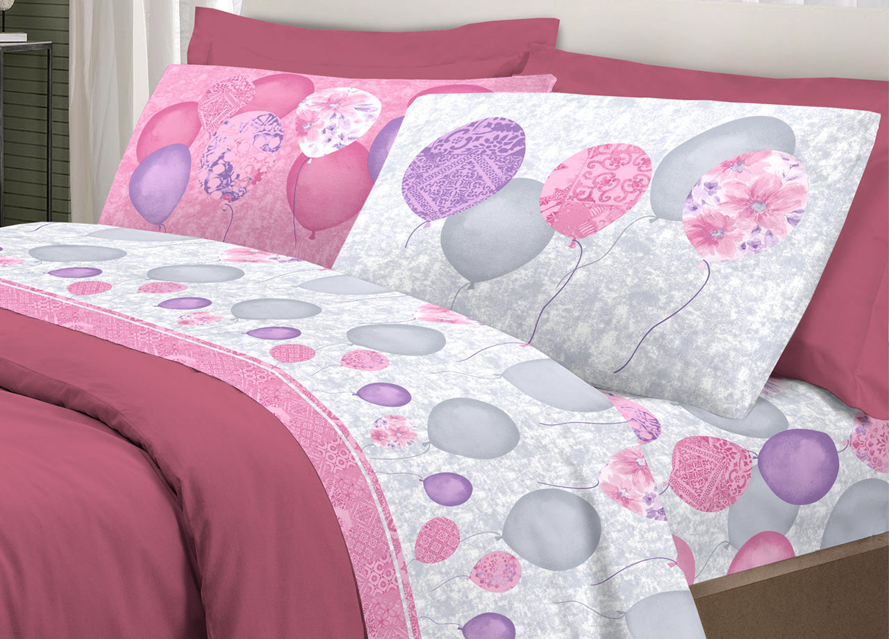 Completo Lenzuola Letto Pensieri Delicati 100% Cotone Dis. Palloncini - Matrimoniale - Rosa