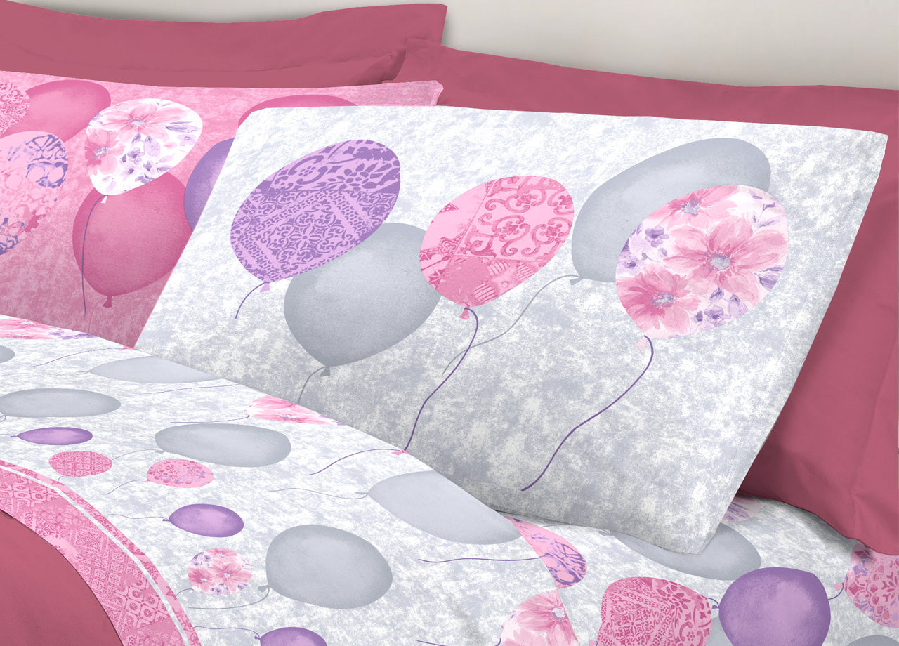 Completo Lenzuola Letto Pensieri Delicati 100% Cotone Dis. Palloncini - Matrimoniale - Rosa