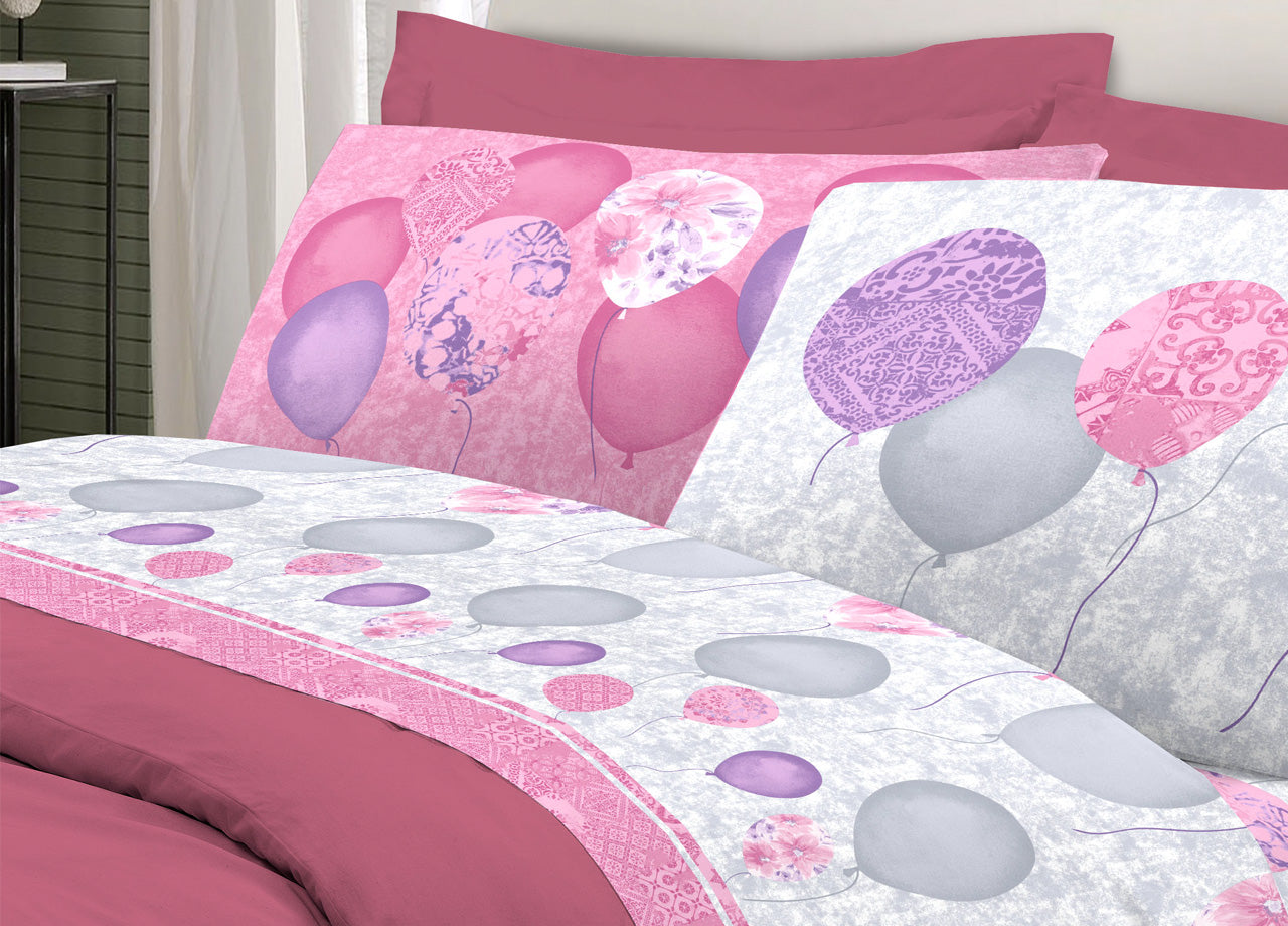 Completo Lenzuola Letto Pensieri Delicati 100% Cotone Dis. Palloncini - Piazza E Mezza - Rosa