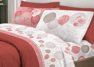 Completo Lenzuola Letto Pensieri Delicati 100% Cotone Dis. Palloncini - Piazza E Mezza - Rosso