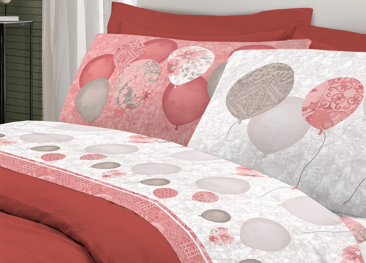 Completo Lenzuola Letto Pensieri Delicati 100% Cotone Dis. Palloncini - Piazza E Mezza - Rosso